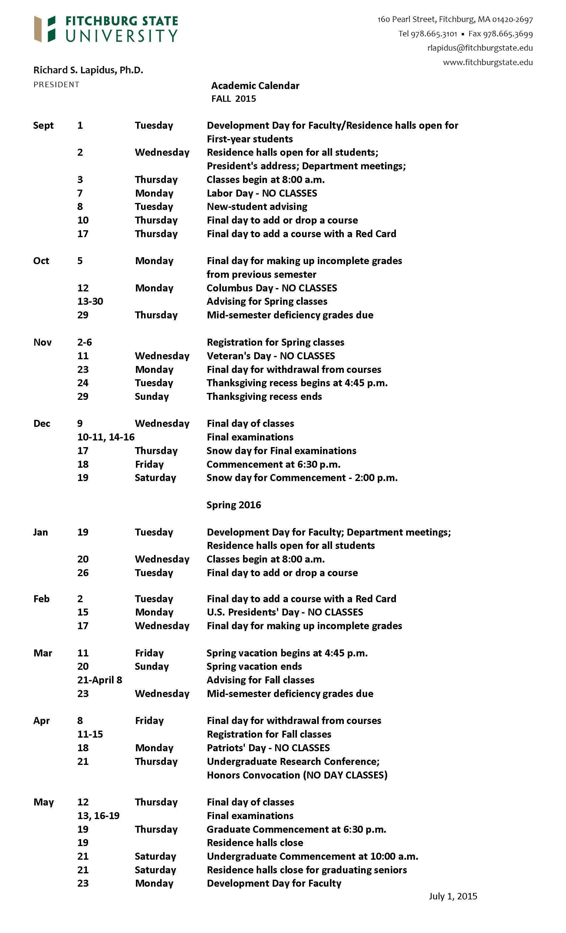 Fitchburg State University Academic Calendar Jackson Hale